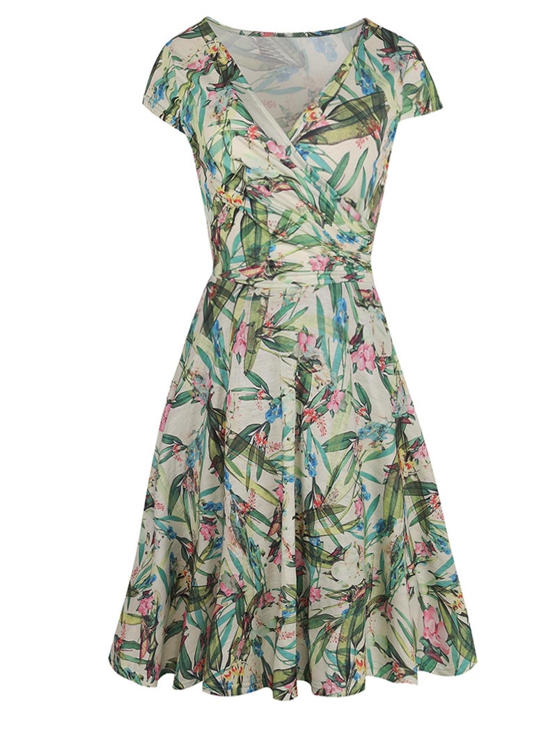 oxiuly Women's V-Neck Cap Sleeve Floral Casual Work Cocktail Swing Dress OX233 (M, Light Green) - Image 2
